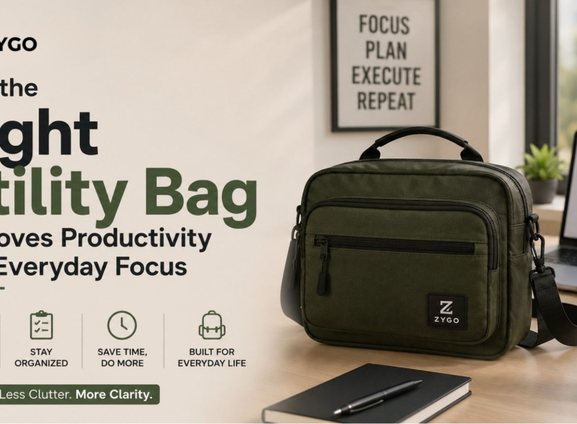 Modern black utility bag placed on a work desk beside a laptop and notebook, highlighting productivity, organization, and everyday professional use.