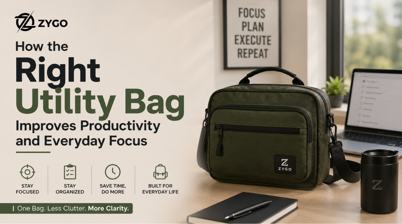 Modern black utility bag placed on a work desk beside a laptop and notebook, highlighting productivity, organization, and everyday professional use.