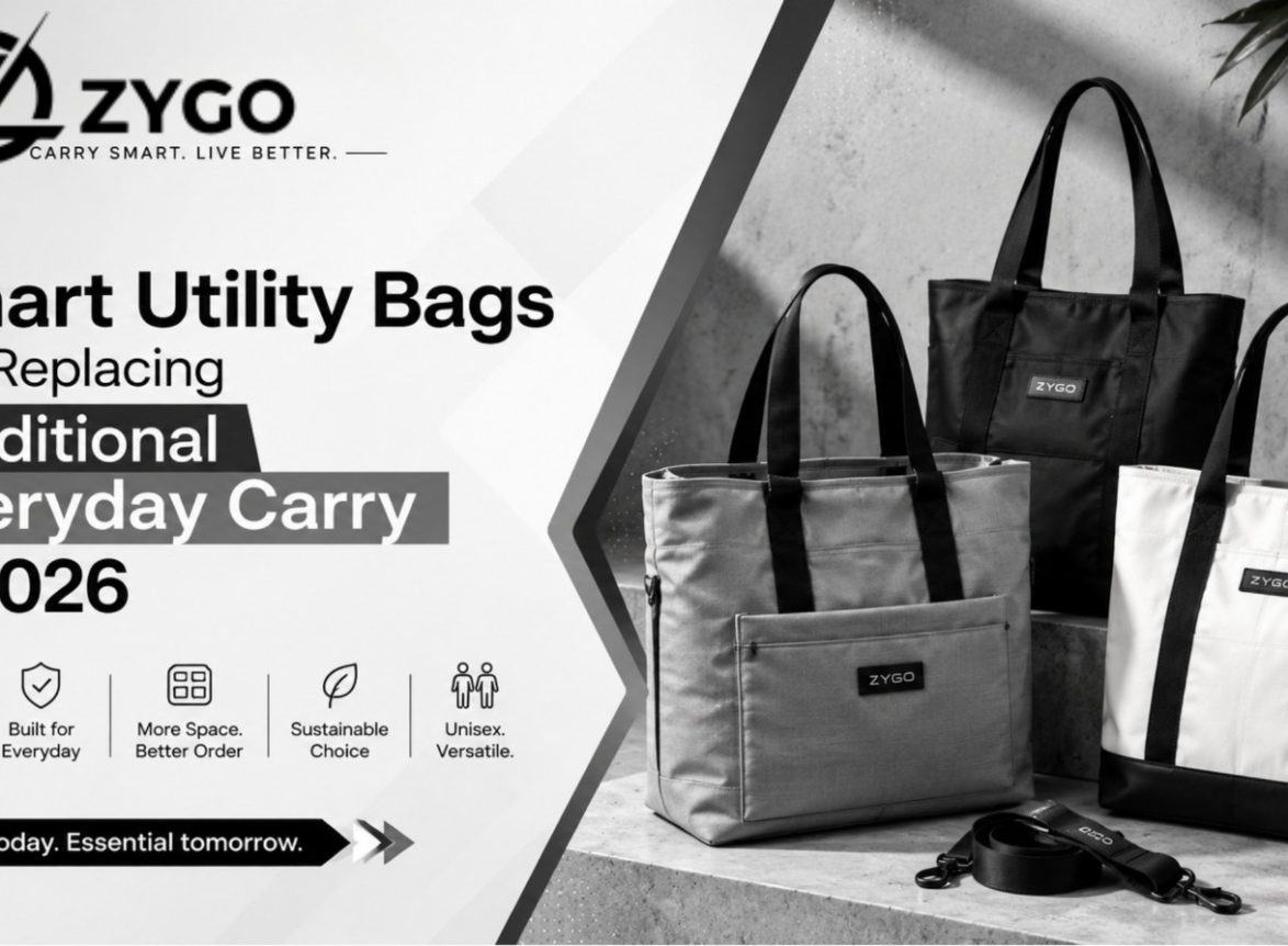 Modern smart utility tote bags in black, grey, and white displayed with a sleek minimalist design, highlighting functionality, organization, and everyday convenience by Zygo.