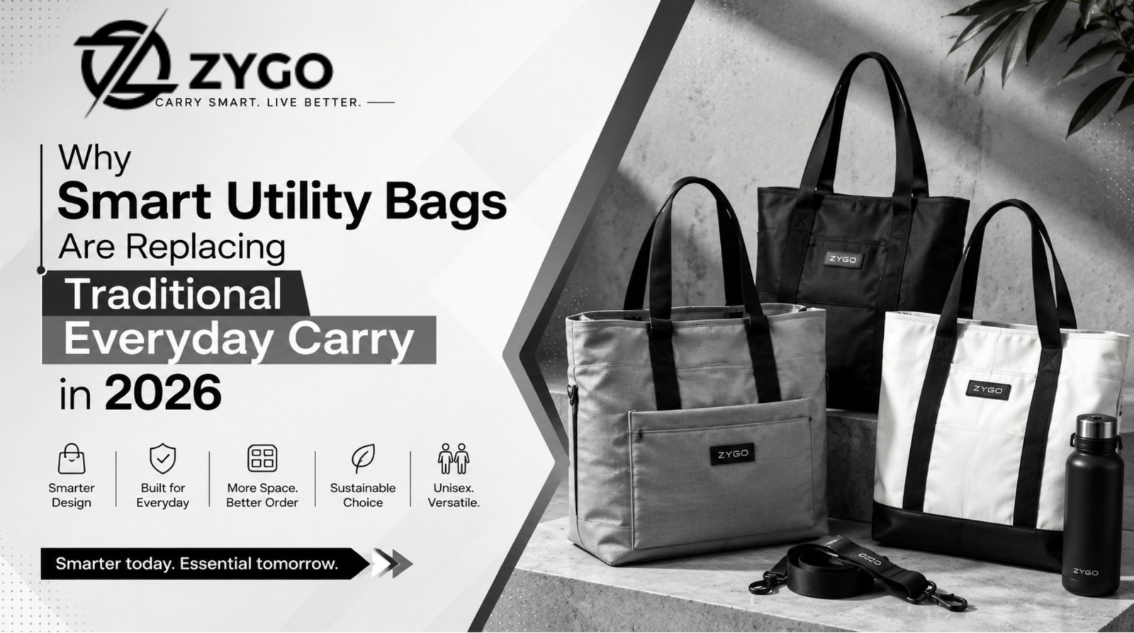 Modern smart utility tote bags in black, grey, and white displayed with a sleek minimalist design, highlighting functionality, organization, and everyday convenience by Zygo.