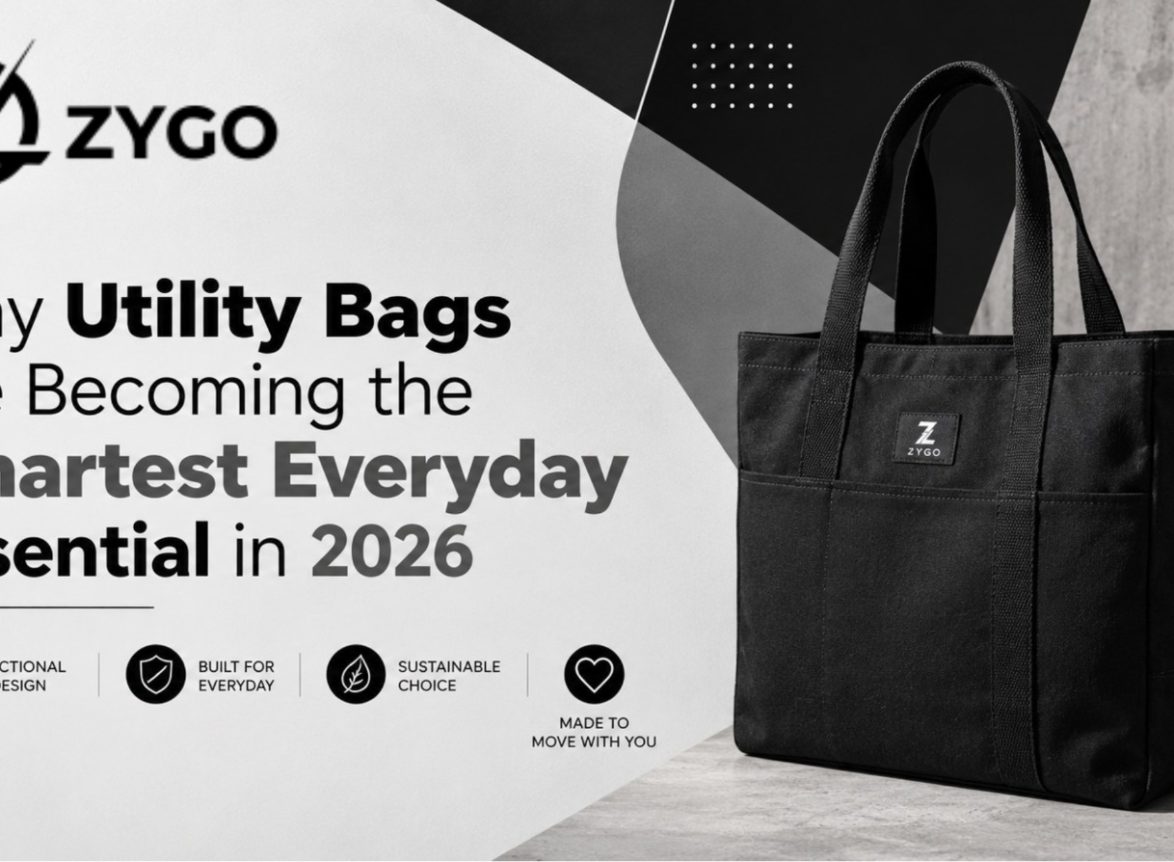 Black utility tote bag by Zygo displayed in a modern minimal setting, highlighting functional and sustainable everyday bag trends for 2026.