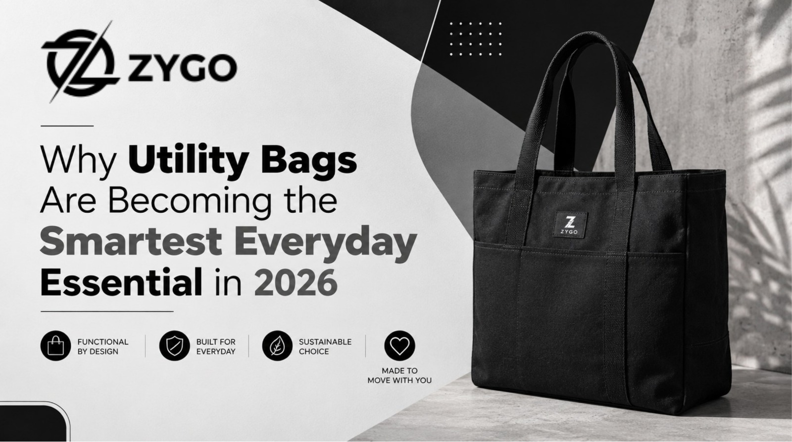 Black utility tote bag by Zygo displayed in a modern minimal setting, highlighting functional and sustainable everyday bag trends for 2026.