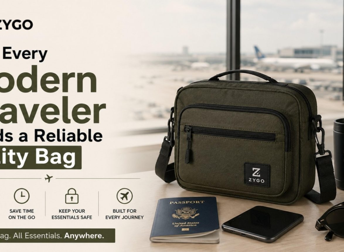 Zygo utility travel bag displayed on an airport table with a passport, smartphone, sunglasses, and travel mug, highlighting organized and secure travel essentials for modern travelers.