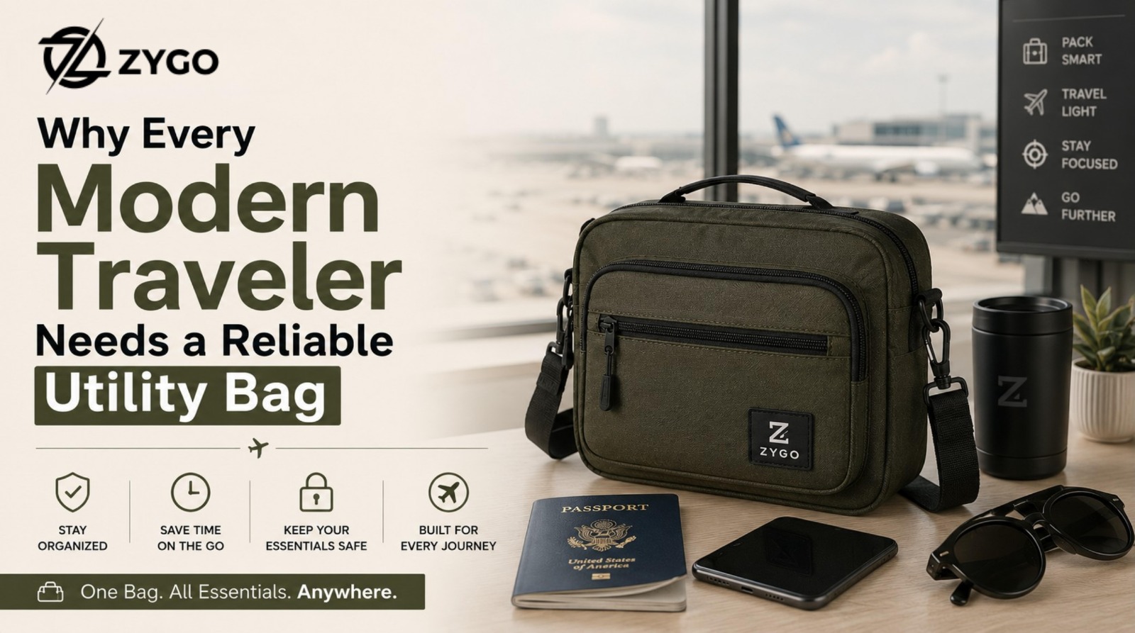 Zygo utility travel bag displayed on an airport table with a passport, smartphone, sunglasses, and travel mug, highlighting organized and secure travel essentials for modern travelers.