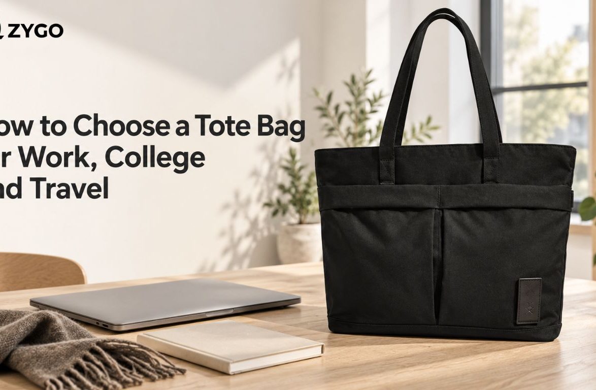 Black tote bag for work, college and travel with laptop and book