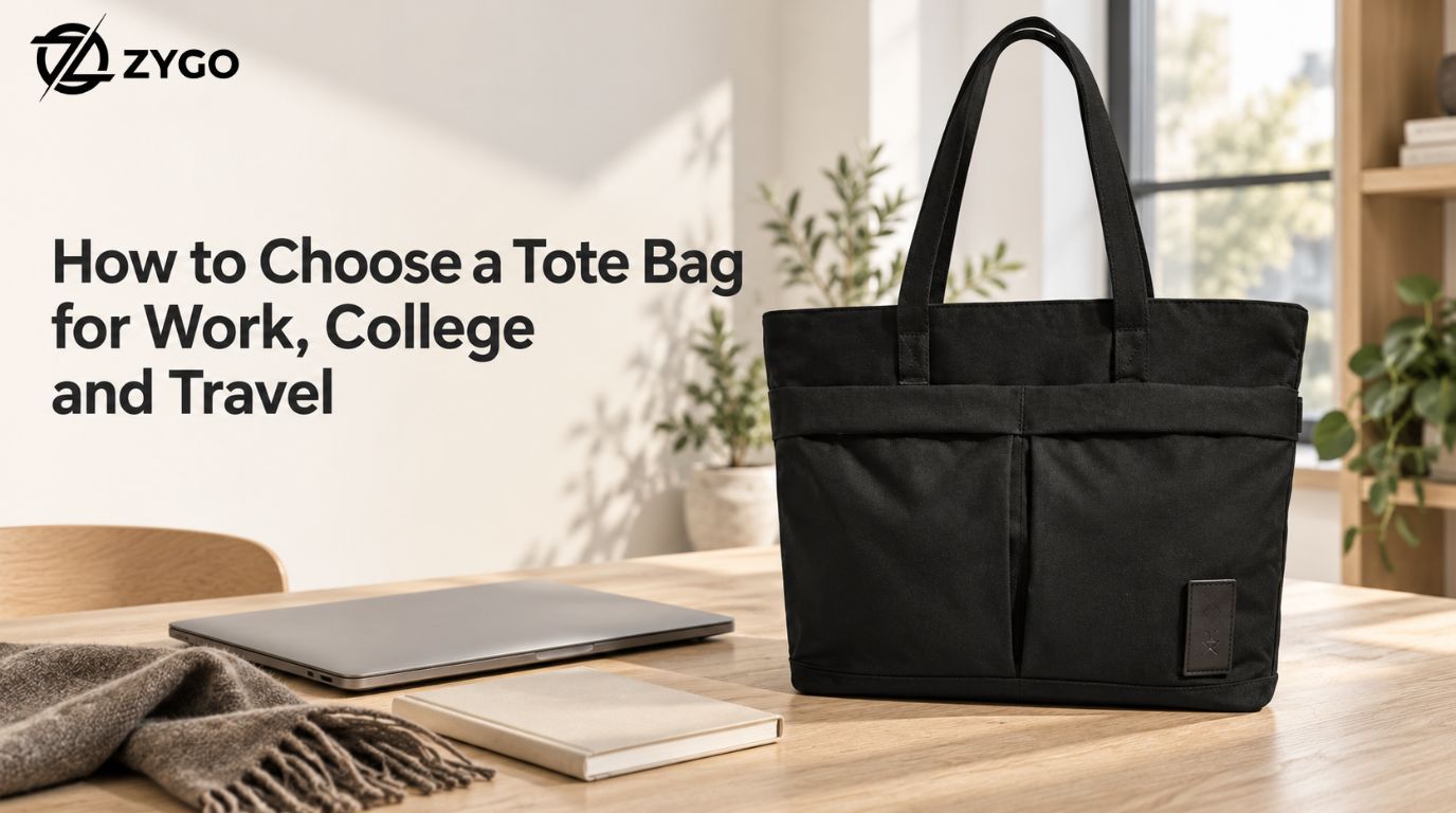 Black tote bag for work, college and travel with laptop and book