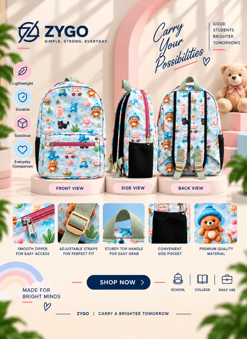 Cute Teddy Printed Everyday Backpack - Image 2